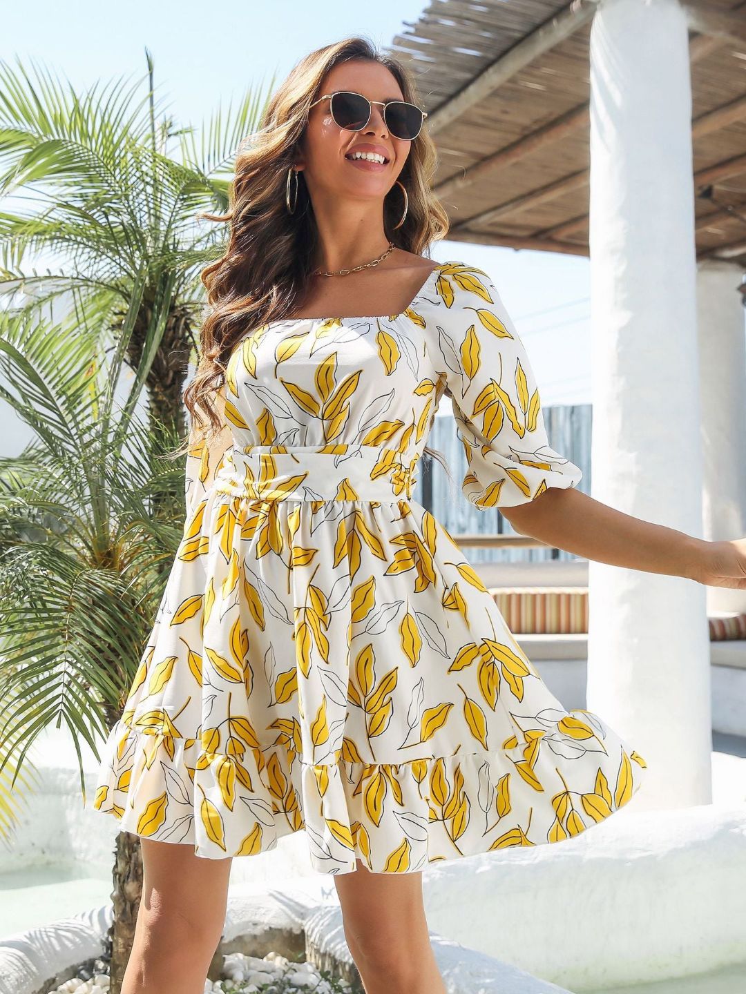 Womens Ruffled Square Neck Strap Short Dress