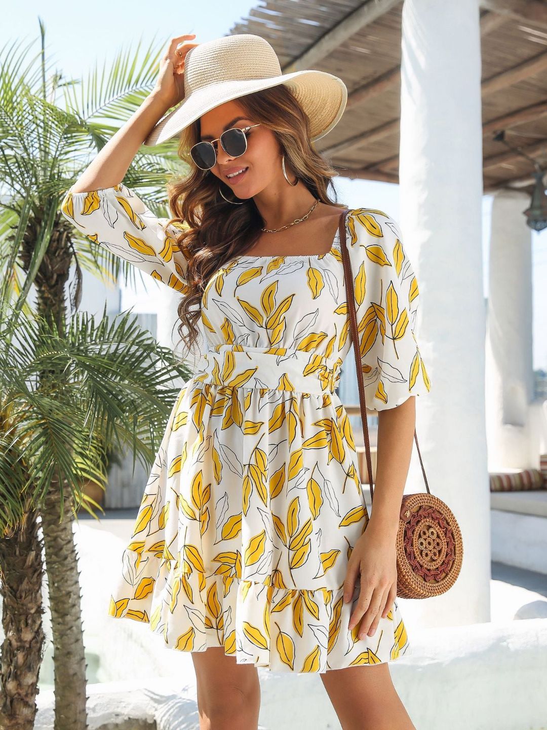 Womens Ruffled Square Neck Strap Short Dress