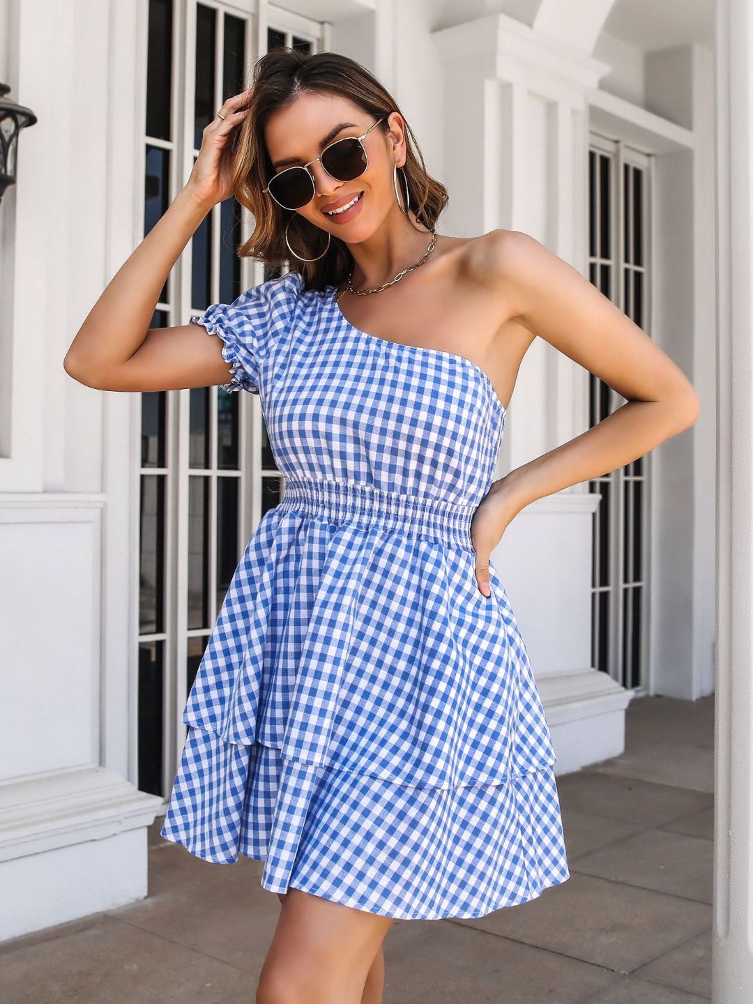 Oblique One Shoulder Puff Sleeves Multi Layer Short Dress