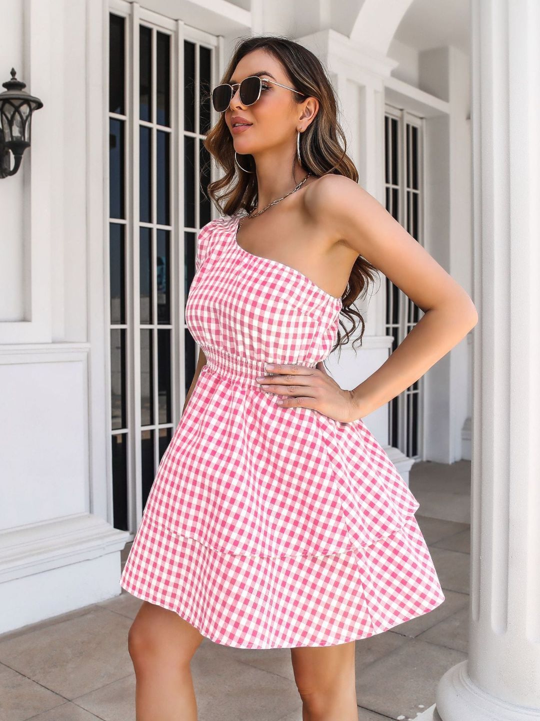 Oblique One Shoulder Puff Sleeves Multi Layer Short Dress