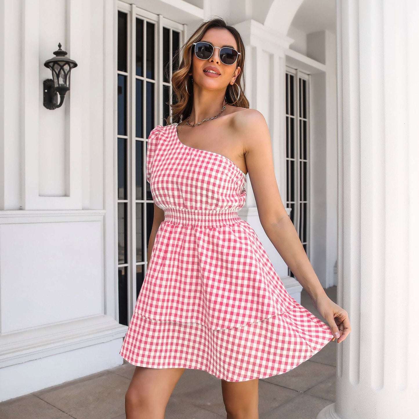 Oblique One Shoulder Puff Sleeves Multi Layer Short Dress