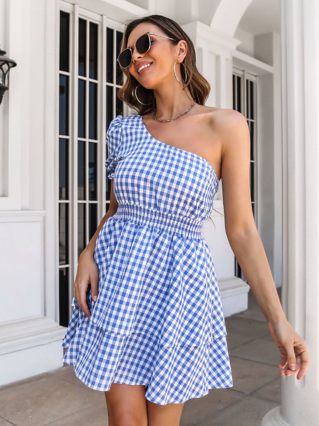 Oblique One Shoulder Puff Sleeves Multi Layer Short Dress