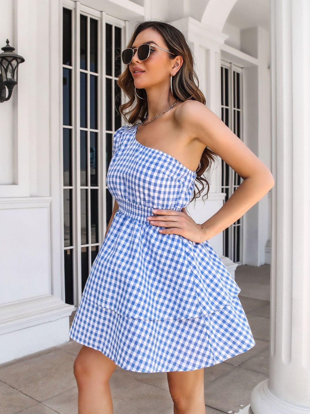 Oblique One Shoulder Puff Sleeves Multi Layer Short Dress