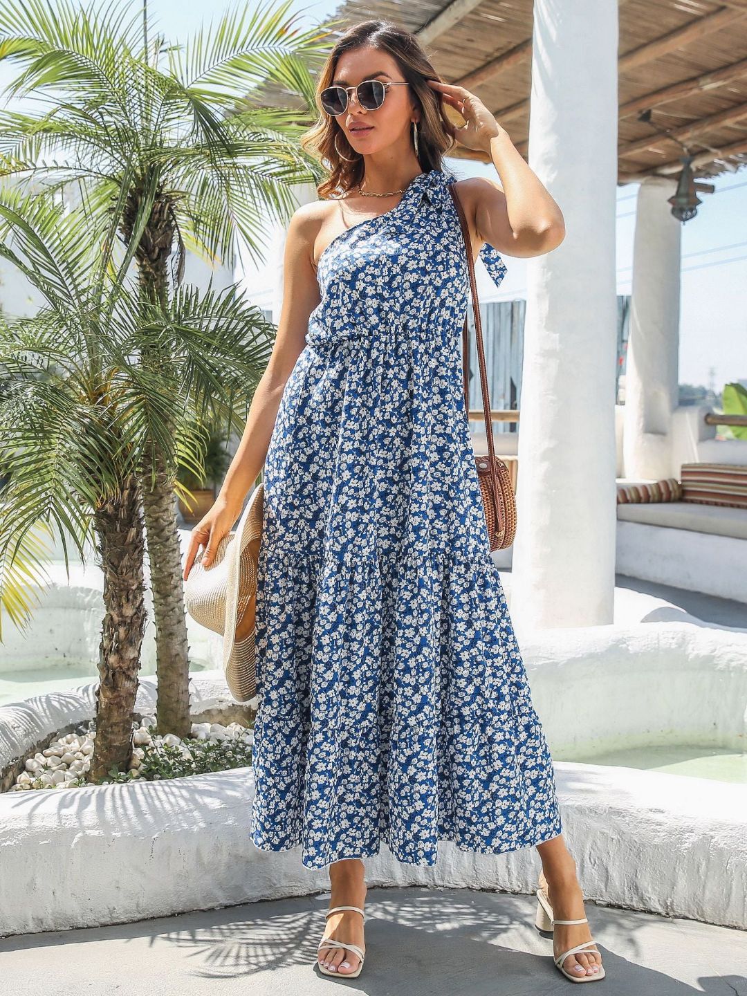 Holiday Style Ruffled One Shoulder Floral Dress
