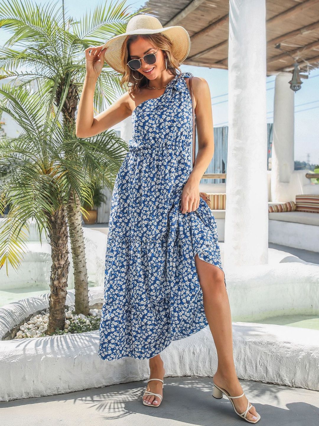 Holiday Style Ruffled One Shoulder Floral Dress