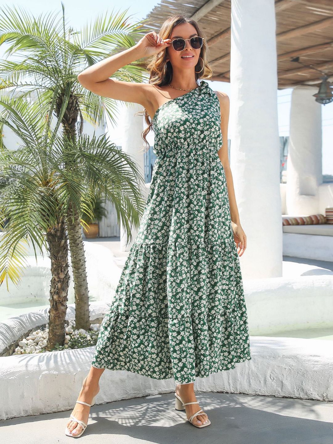 Holiday Style Ruffled One Shoulder Floral Dress