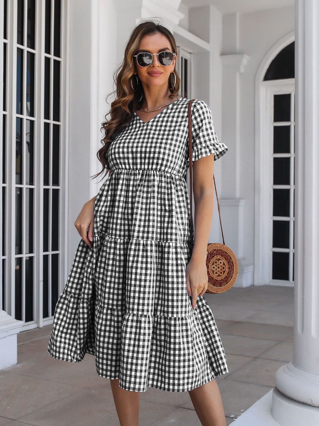 Womens Plaid Ruffled V-Neck Short Sleeves Midi Dress