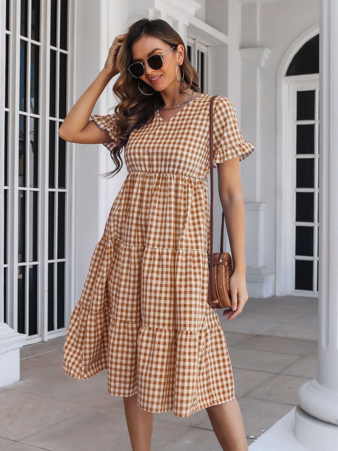Womens Plaid Ruffled V-Neck Short Sleeves Midi Dress