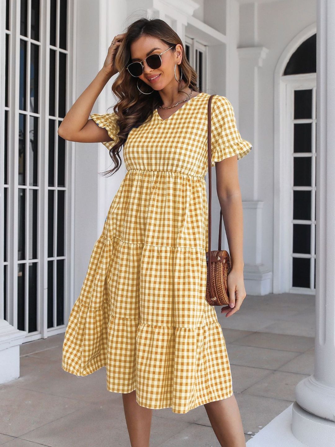 Womens Plaid Ruffled V-Neck Short Sleeves Midi Dress