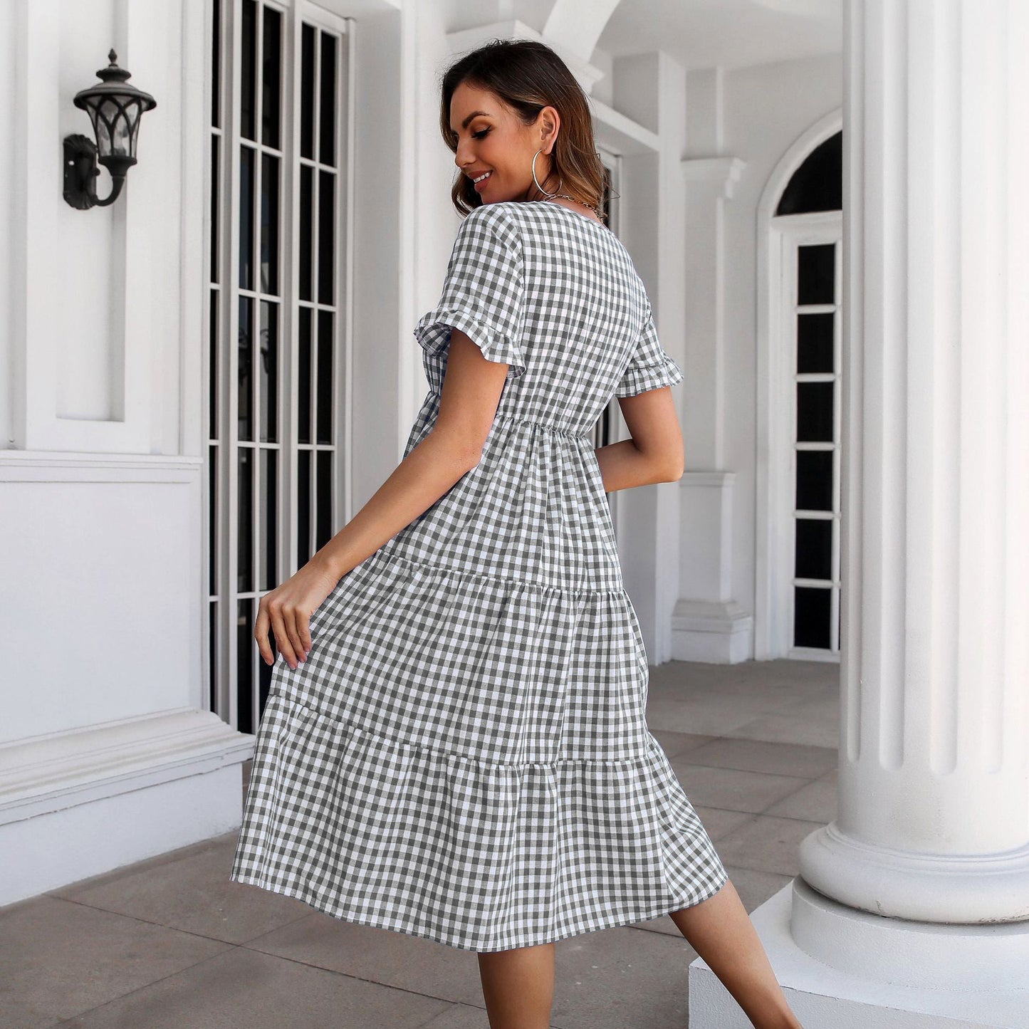 Womens Plaid Ruffled V-Neck Short Sleeves Midi Dress