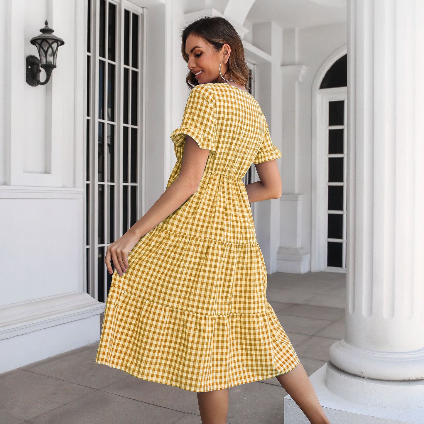 Womens Plaid Ruffled V-Neck Short Sleeves Midi Dress