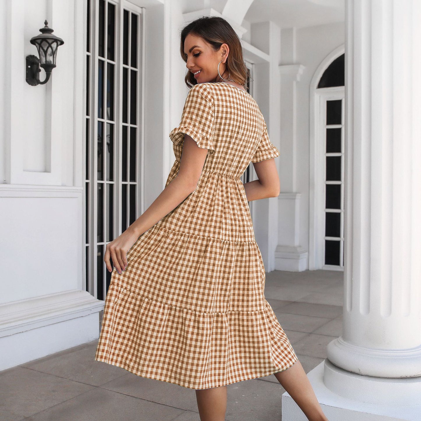 Womens Plaid Ruffled V-Neck Short Sleeves Midi Dress