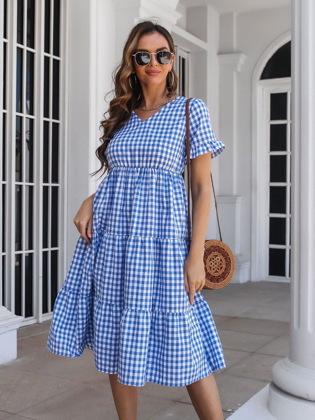 Womens Plaid Ruffled V-Neck Short Sleeves Midi Dress