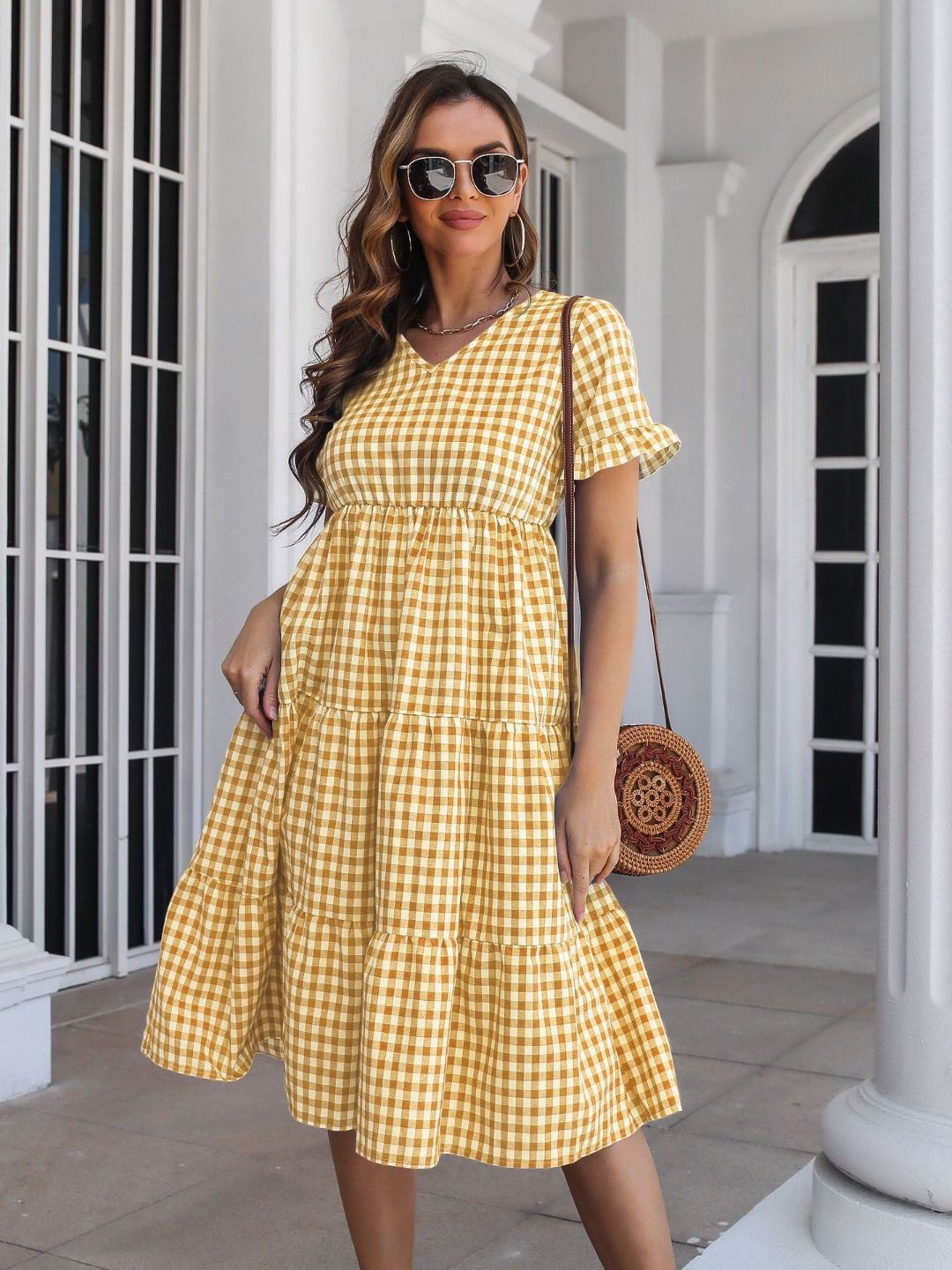 Womens Plaid Ruffled V-Neck Short Sleeves Midi Dress