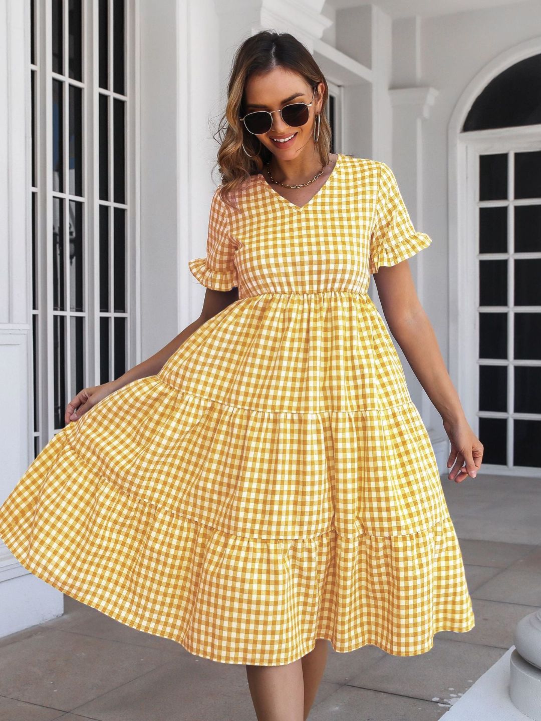 Womens Plaid Ruffled V-Neck Short Sleeves Midi Dress