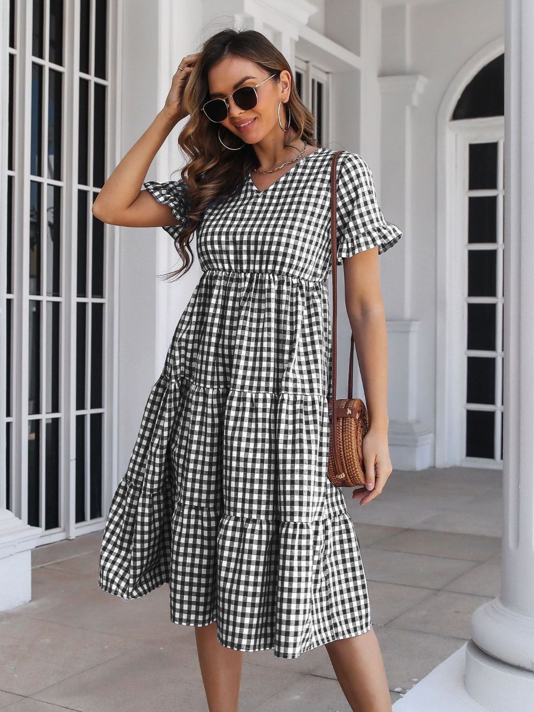 Womens Plaid Ruffled V-Neck Short Sleeves Midi Dress