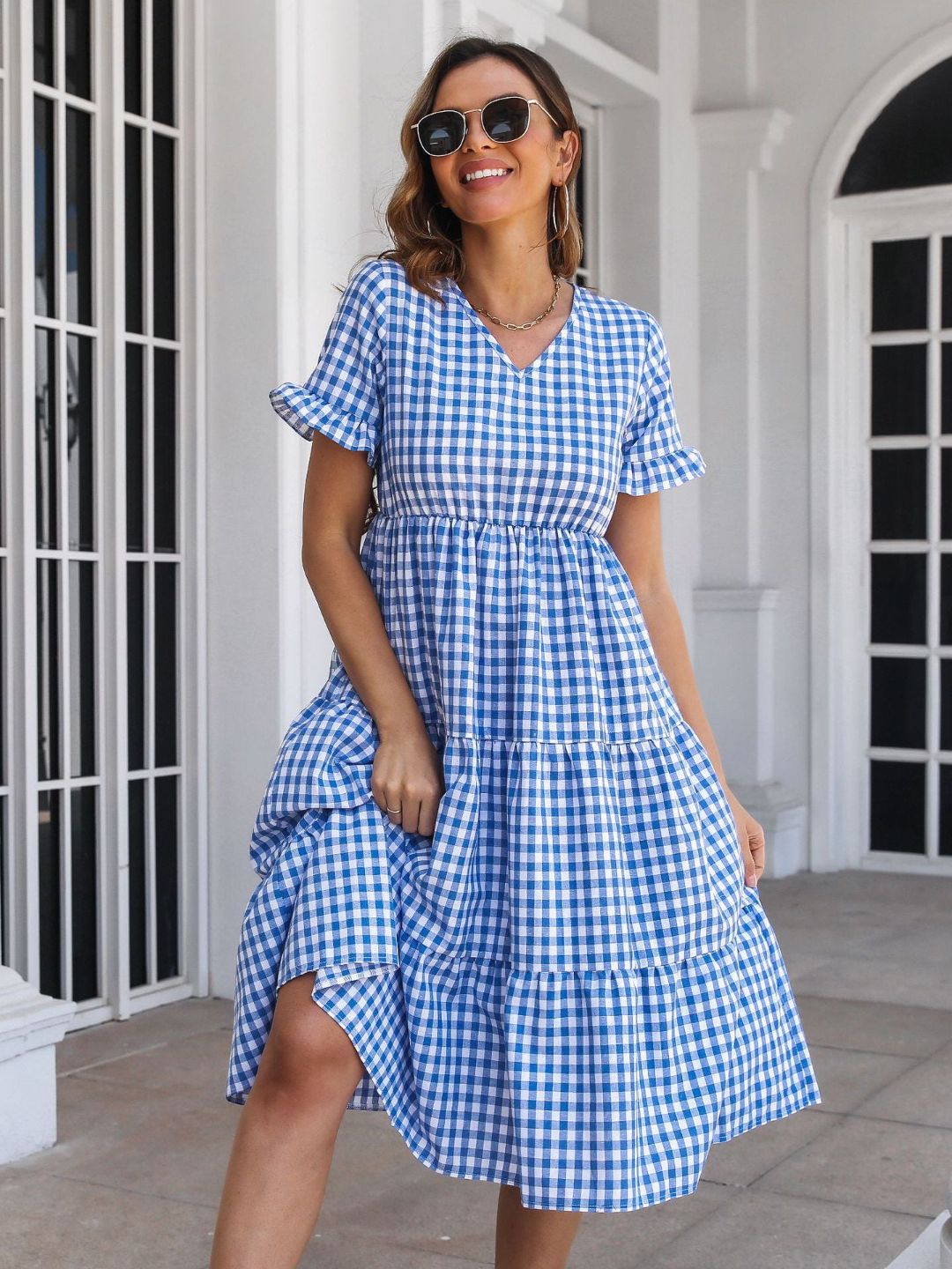 Womens Plaid Ruffled V-Neck Short Sleeves Midi Dress