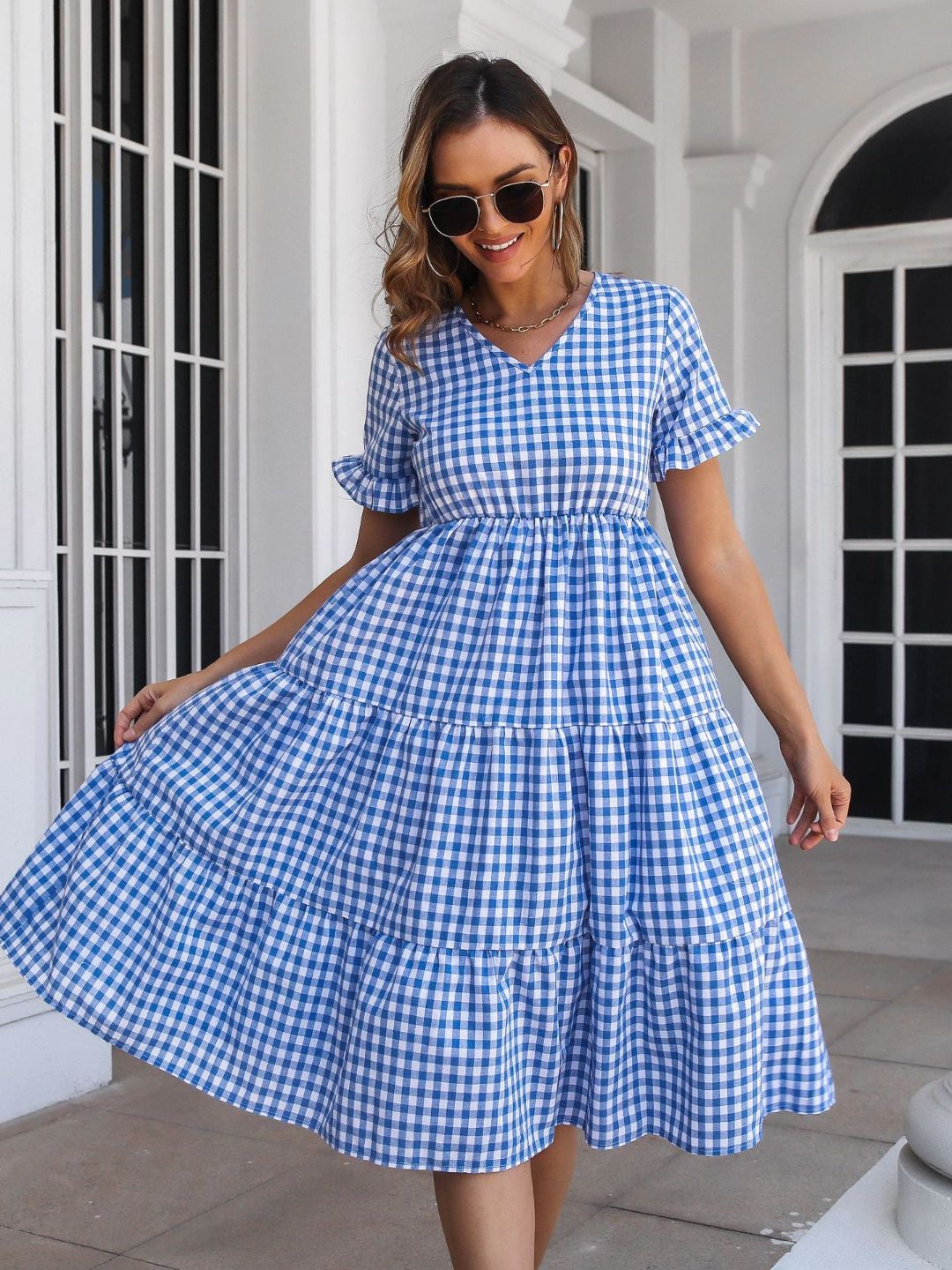 Womens Plaid Ruffled V-Neck Short Sleeves Midi Dress