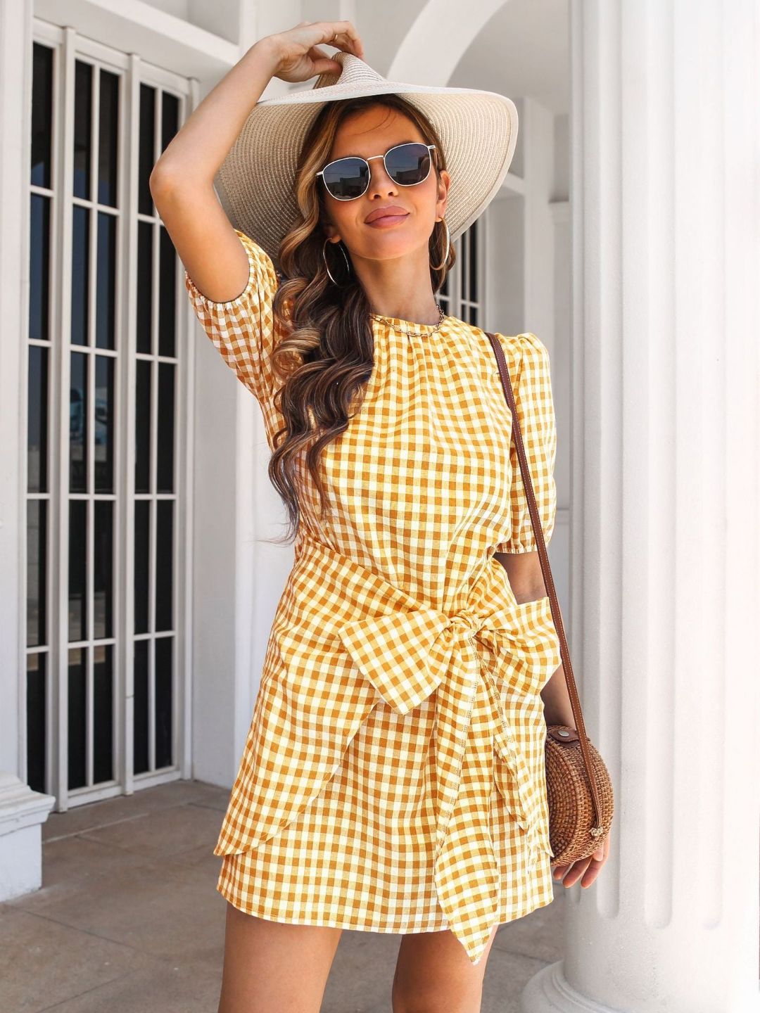 Womens Summer Lantern Sleeves Knotted Wrap Dress