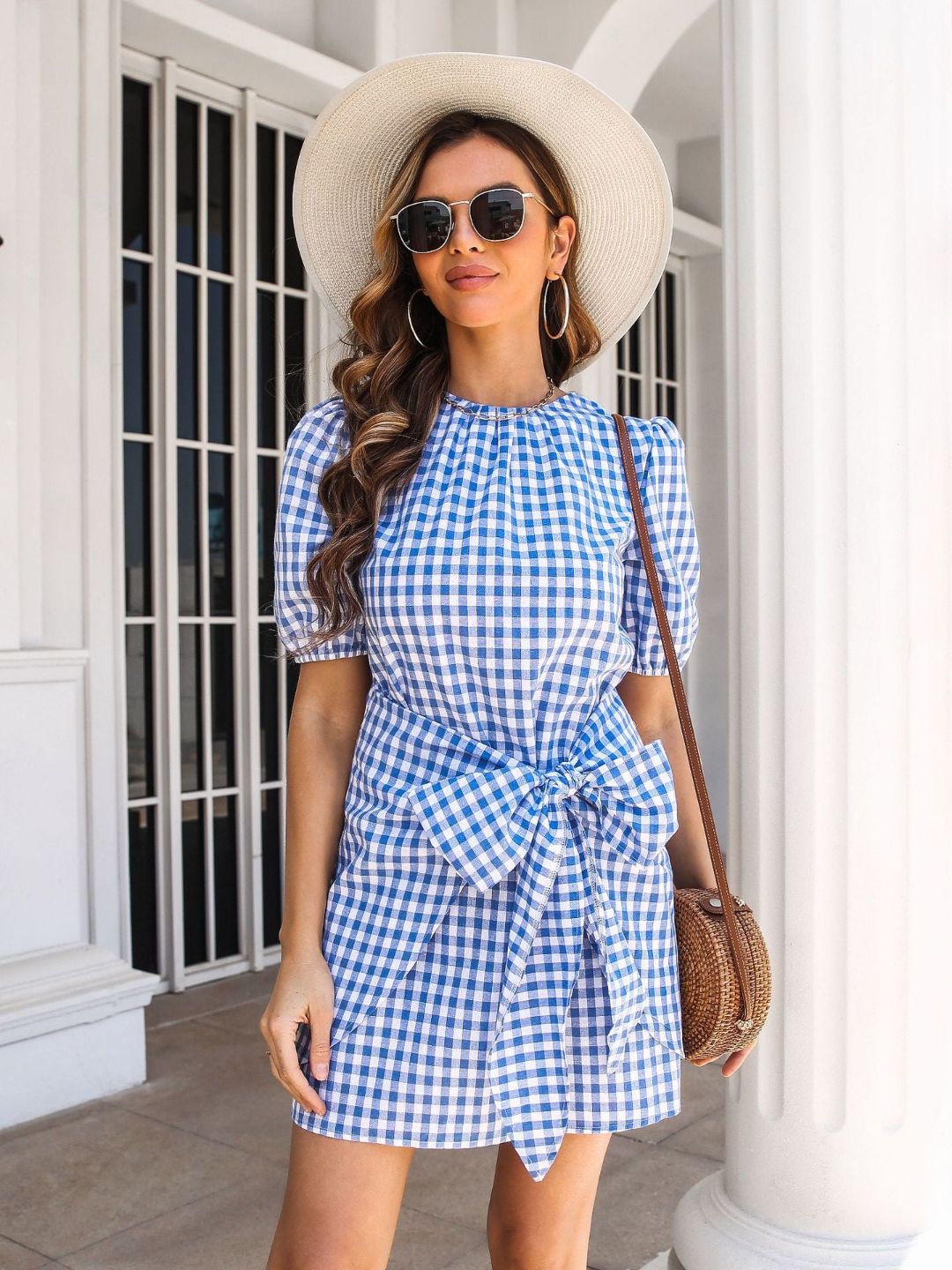 Womens Summer Lantern Sleeves Knotted Wrap Dress