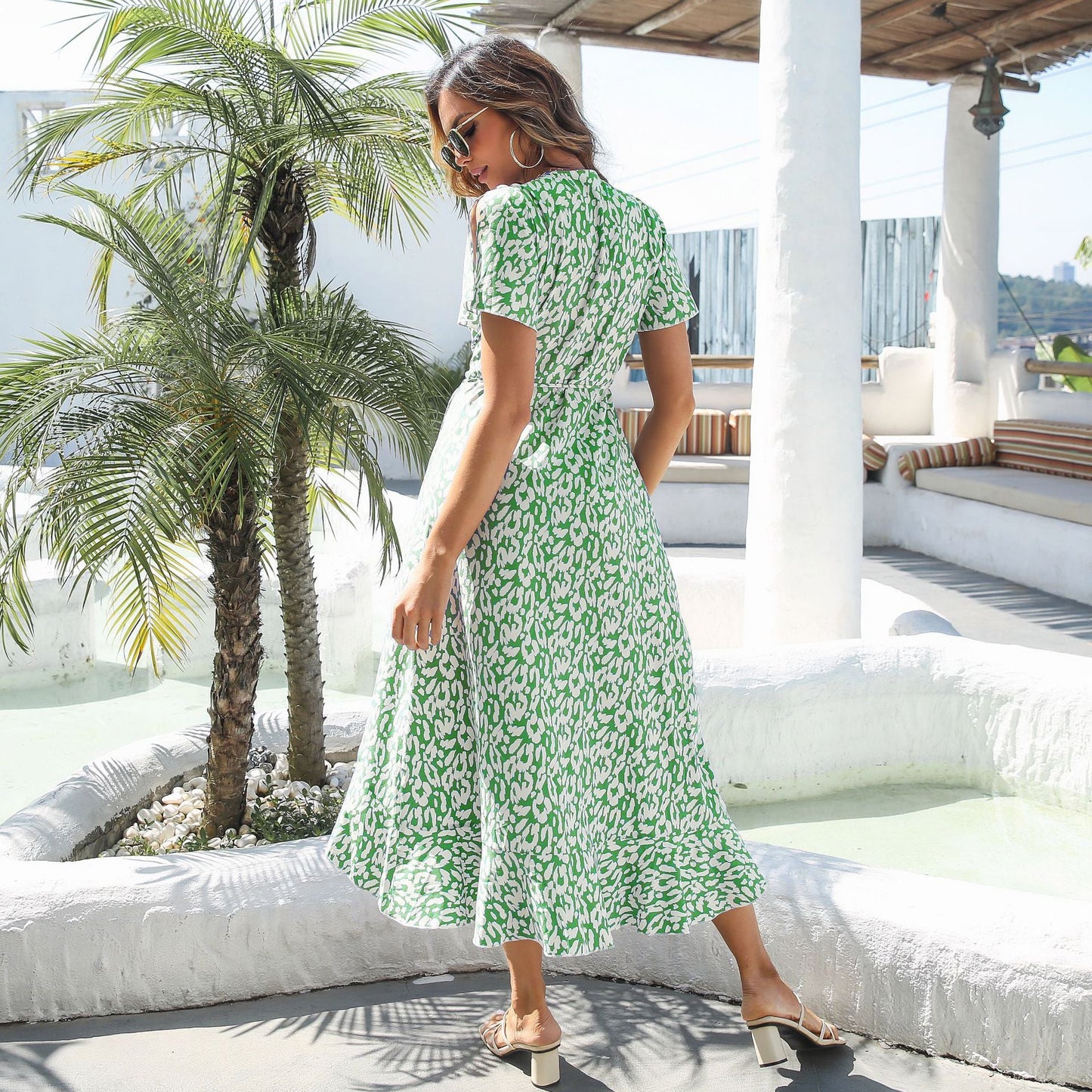 Leopard Print Ruffles Large Swing Bohemian Dress