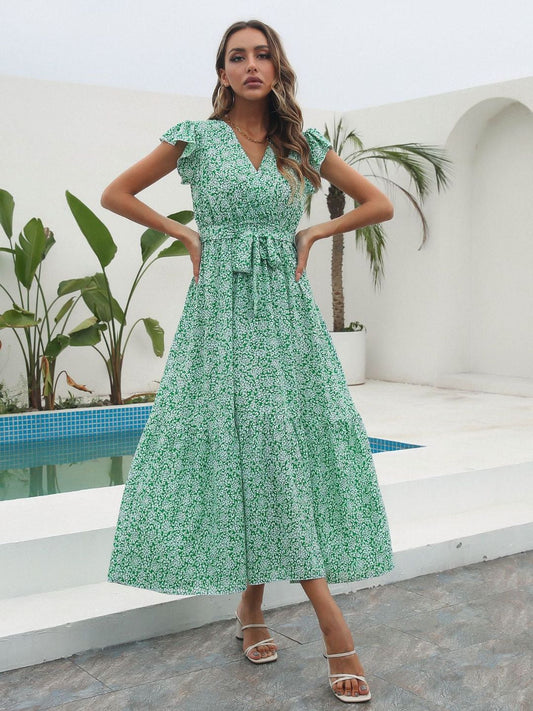 Floral Ruffled V-Neck Short Sleeves Printed Chiffon Long Dress