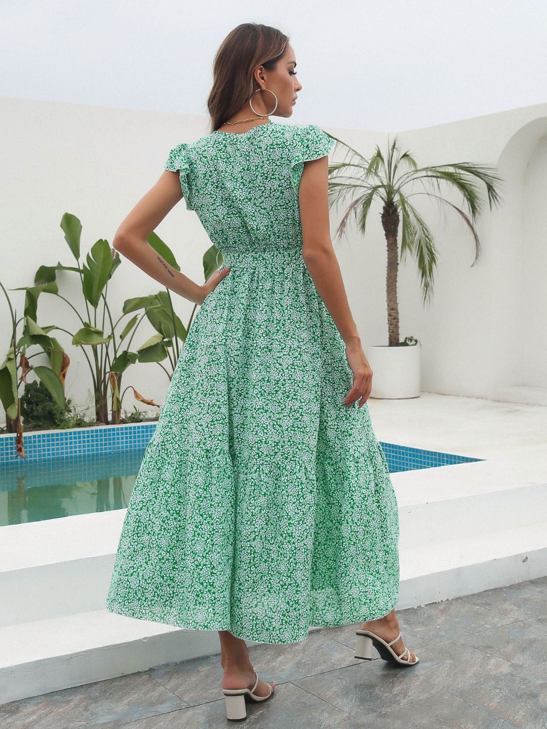 Floral Ruffled V-Neck Short Sleeves Printed Chiffon Long Dress