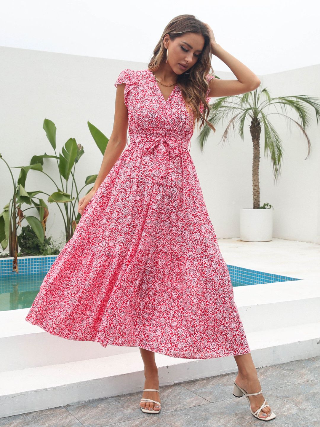 Floral Ruffled V-Neck Short Sleeves Printed Chiffon Long Dress