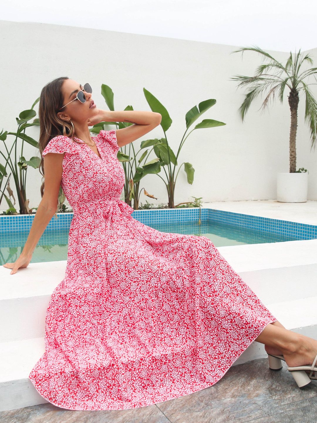 Floral Ruffled V-Neck Short Sleeves Printed Chiffon Long Dress
