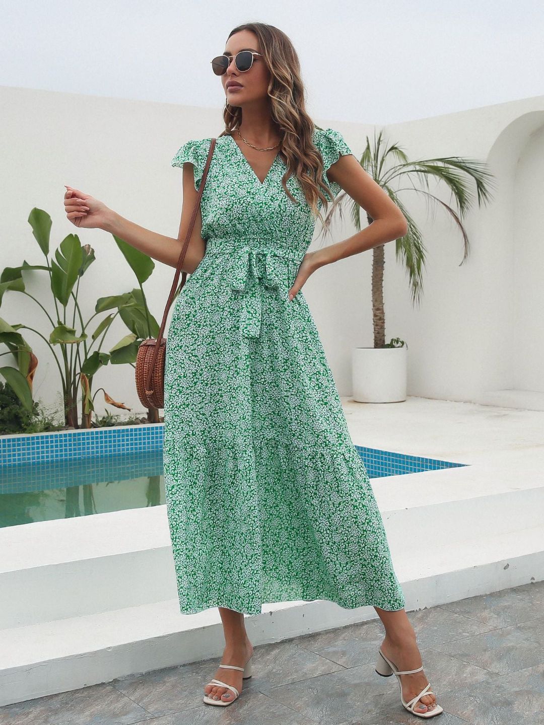 Floral Ruffled V-Neck Short Sleeves Printed Chiffon Long Dress