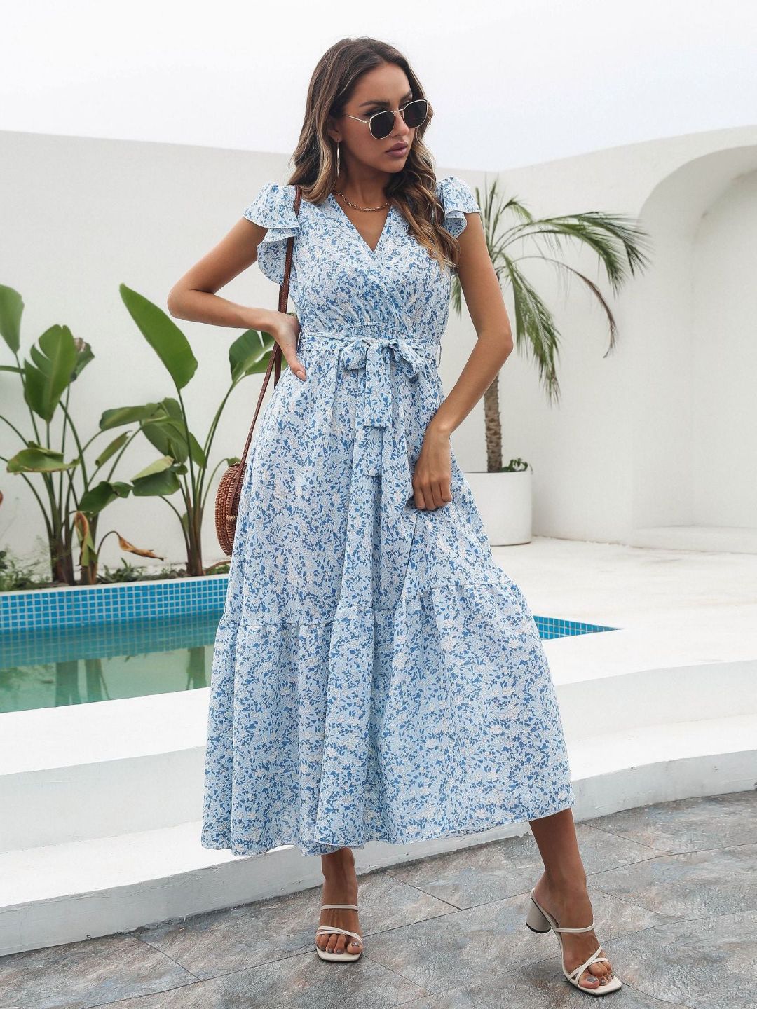 Floral Ruffled V-Neck Short Sleeves Printed Chiffon Long Dress