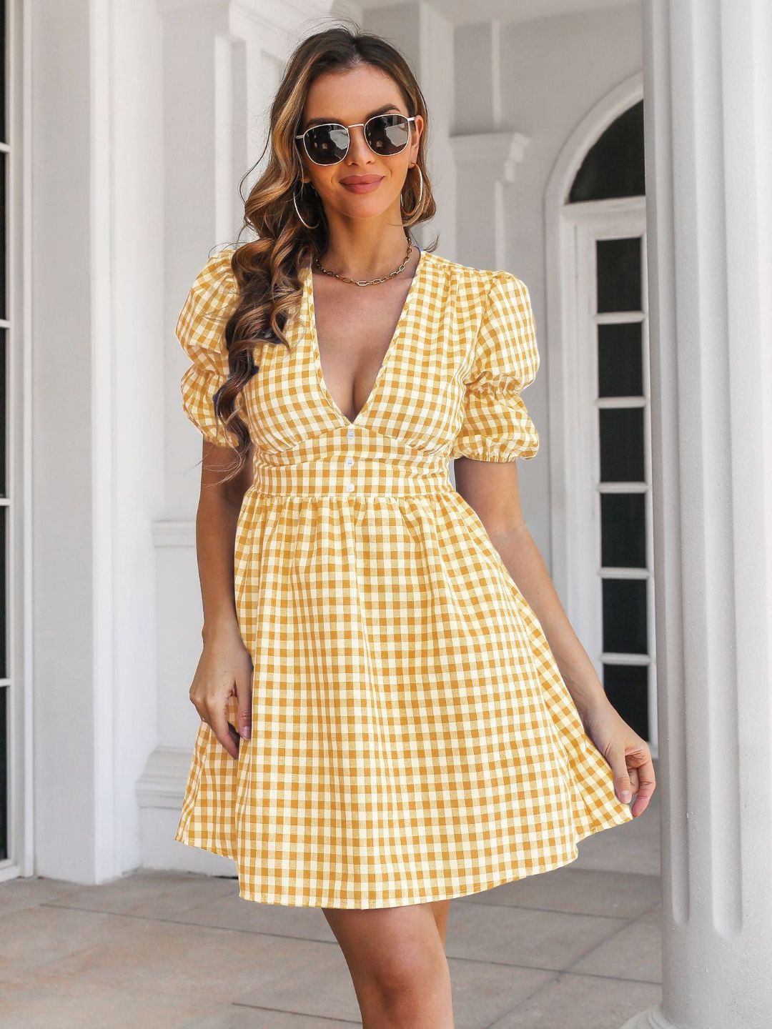Plaid Dress French Retro Deep Neck Puff Sleeve A-Line Dress