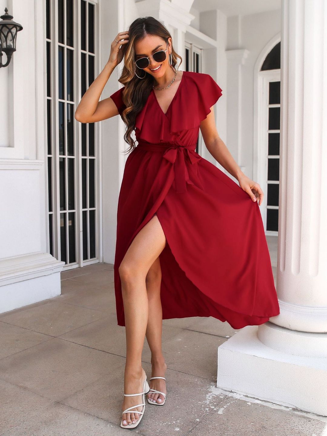 Womens Ruffled V-Neck Dress