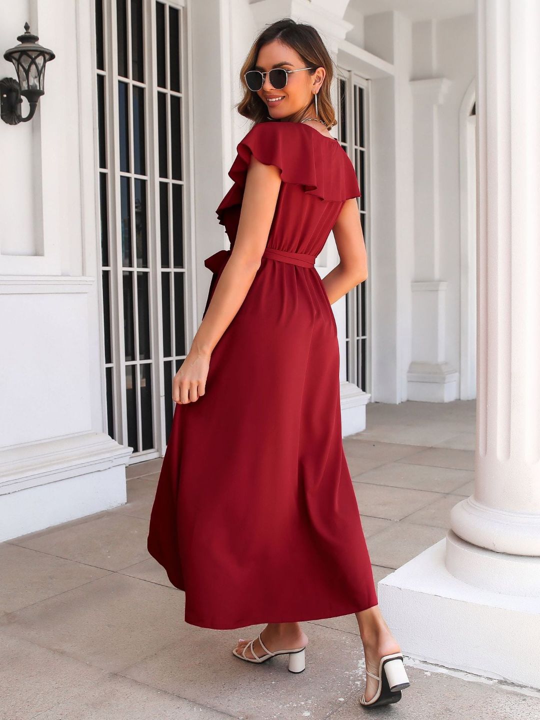 Womens Ruffled V-Neck Dress