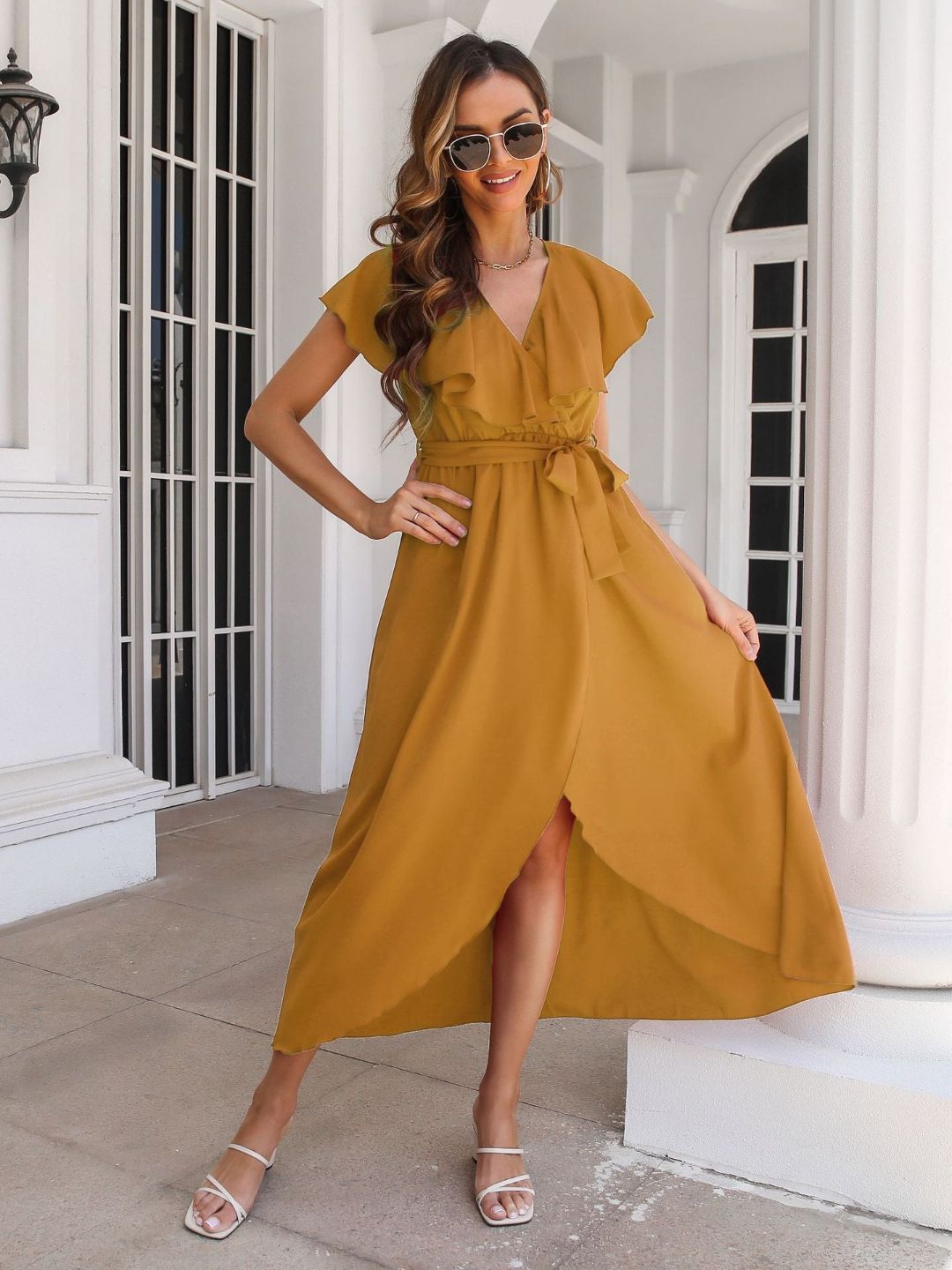 Womens Ruffled V-Neck Dress