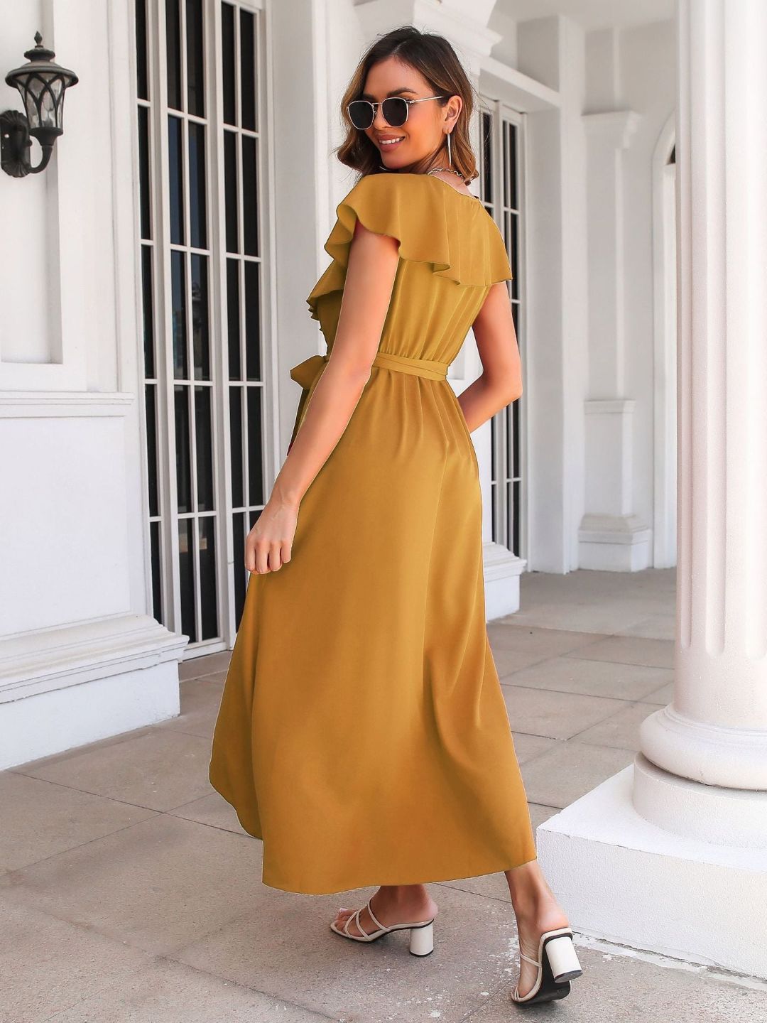Womens Ruffled V-Neck Dress