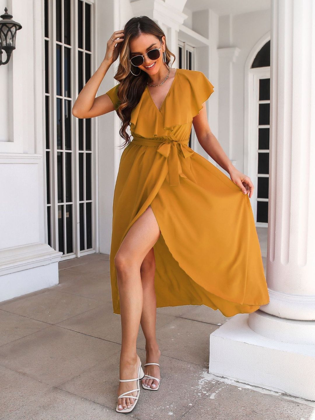 Womens Ruffled V-Neck Dress