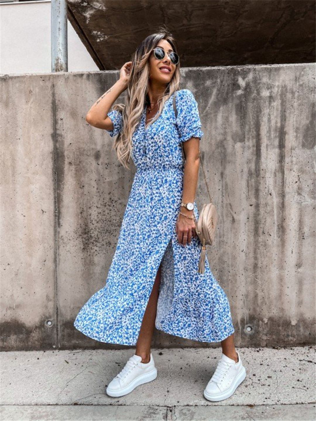Oh Rare Blue Womens Printed V-Neck Waist Slit Midi Dress