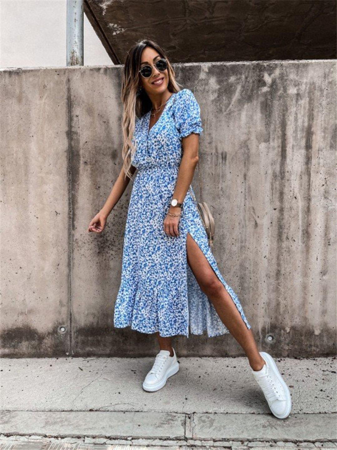 Oh Rare Blue Womens Printed V-Neck Waist Slit Midi Dress
