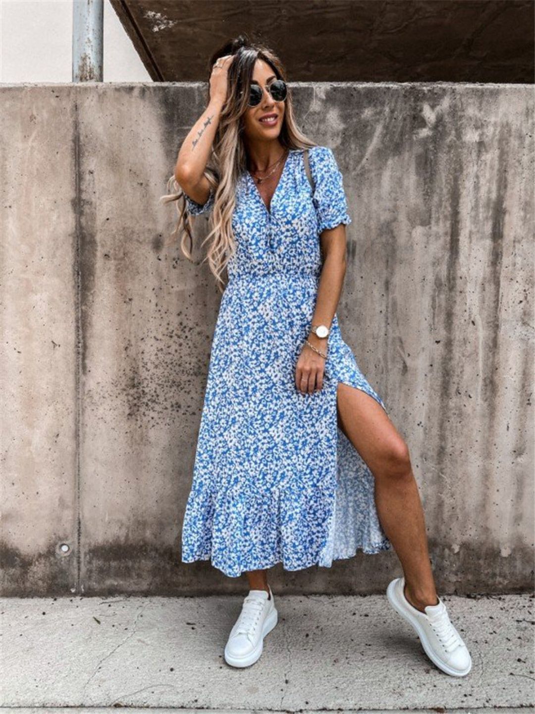Oh Rare Blue Womens Printed V-Neck Waist Slit Midi Dress