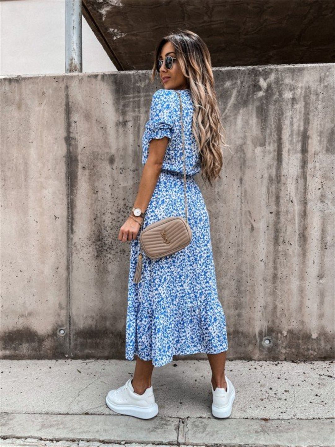 Oh Rare Blue Womens Printed V-Neck Waist Slit Midi Dress
