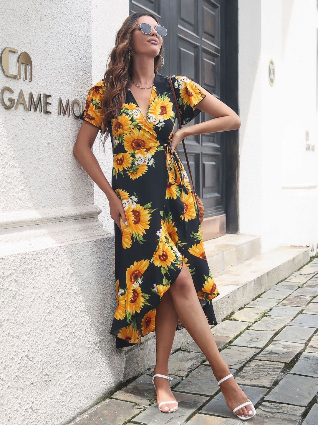 Leopard Print Ruffles Straps Large Hem Bohemian Dress