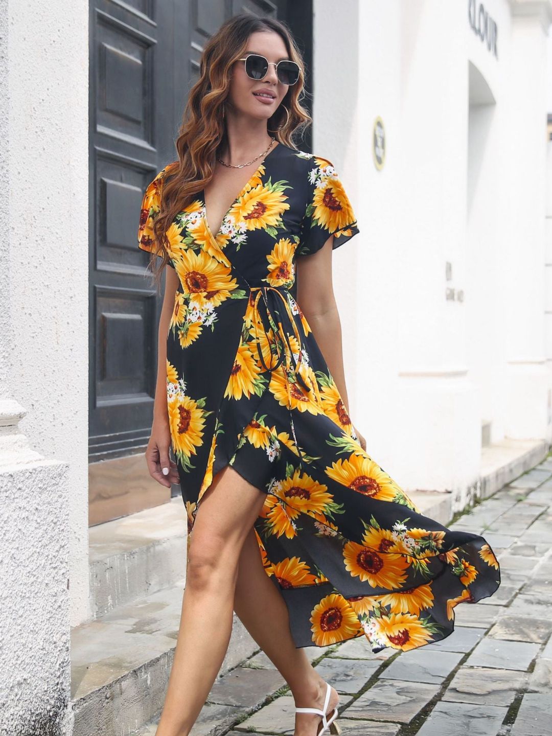 Leopard Print Ruffles Straps Large Hem Bohemian Dress