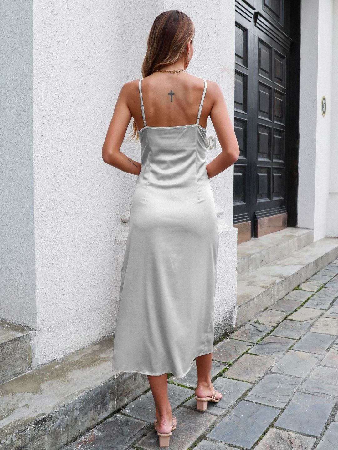 Buttoned Satin Shoulder Strap Backless Suspender Mid Length Dress