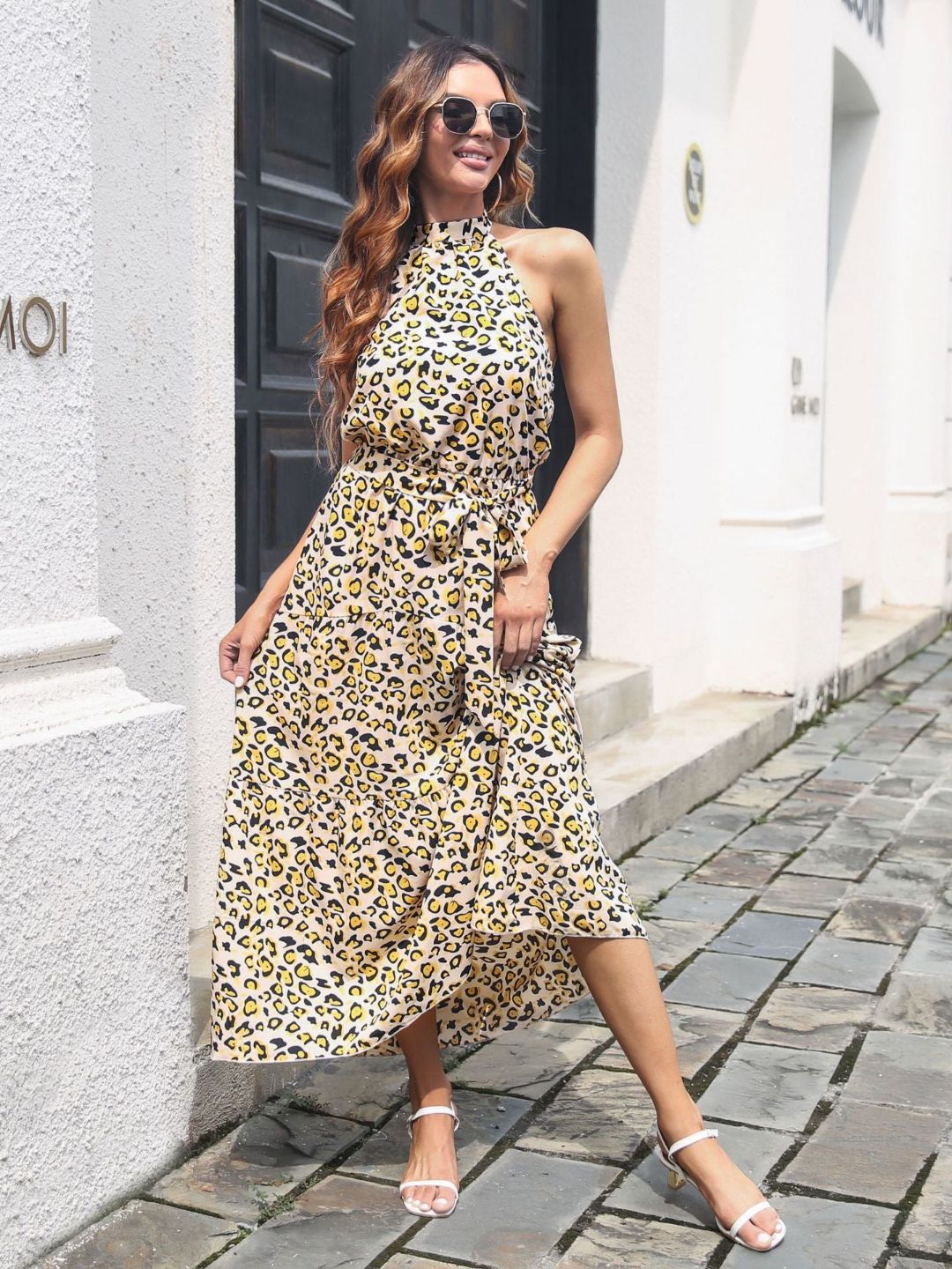 Womens Summer Leopard Print Belt Belted Backless Dress