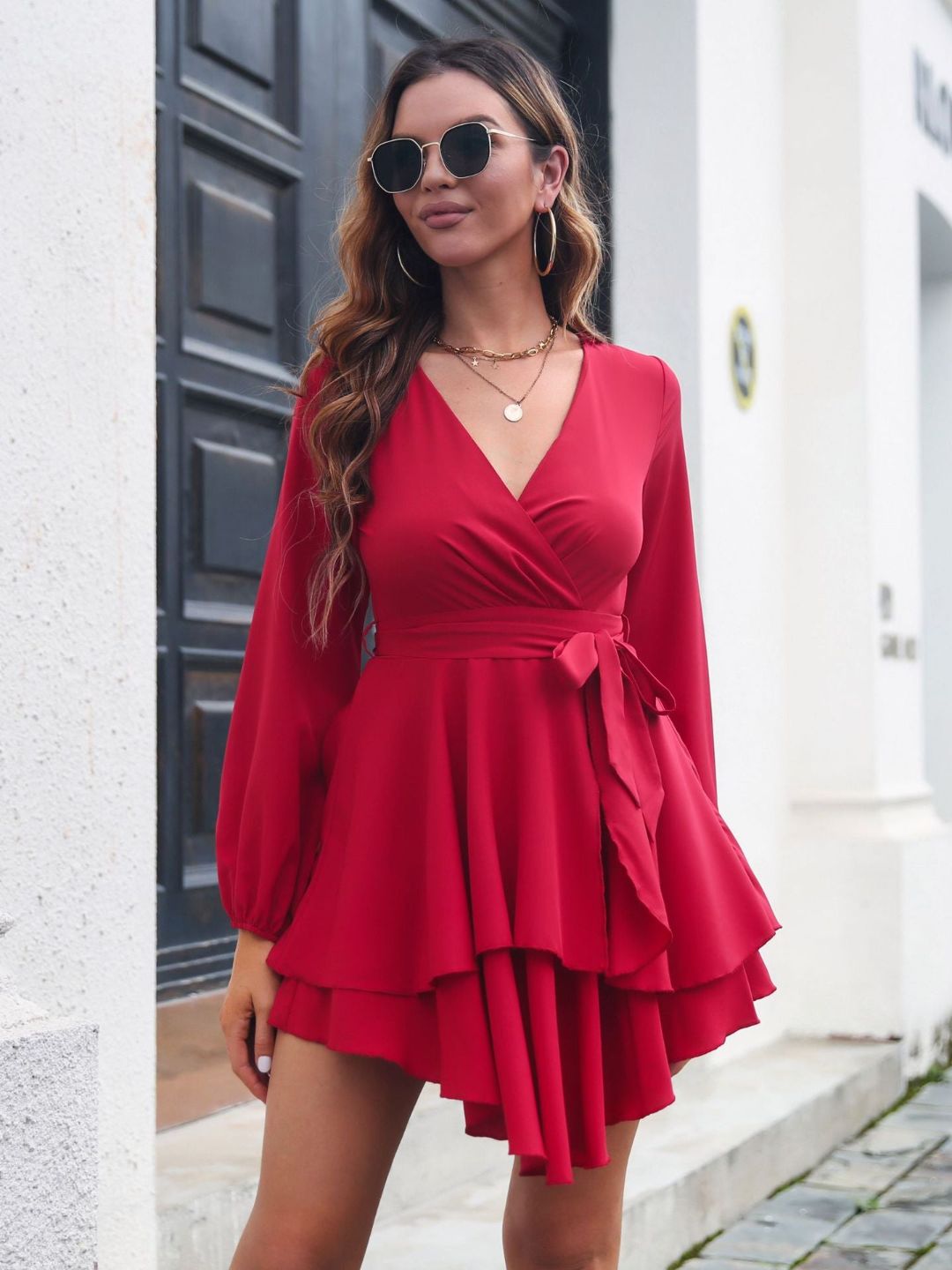 Multi-Layer Hem V-Neck Dress Womens Long Sleeves Dress