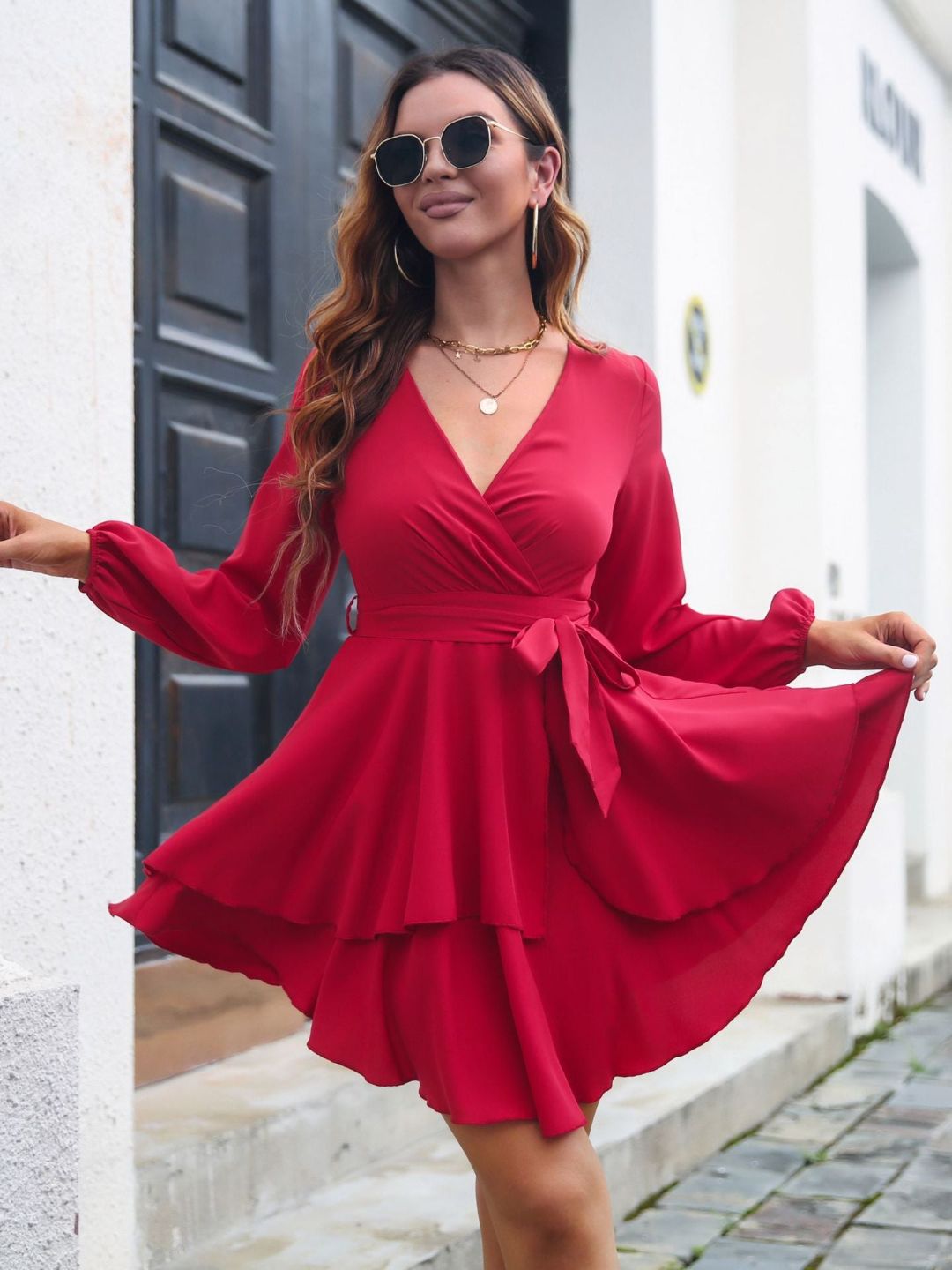 Multi-Layer Hem V-Neck Dress Womens Long Sleeves Dress