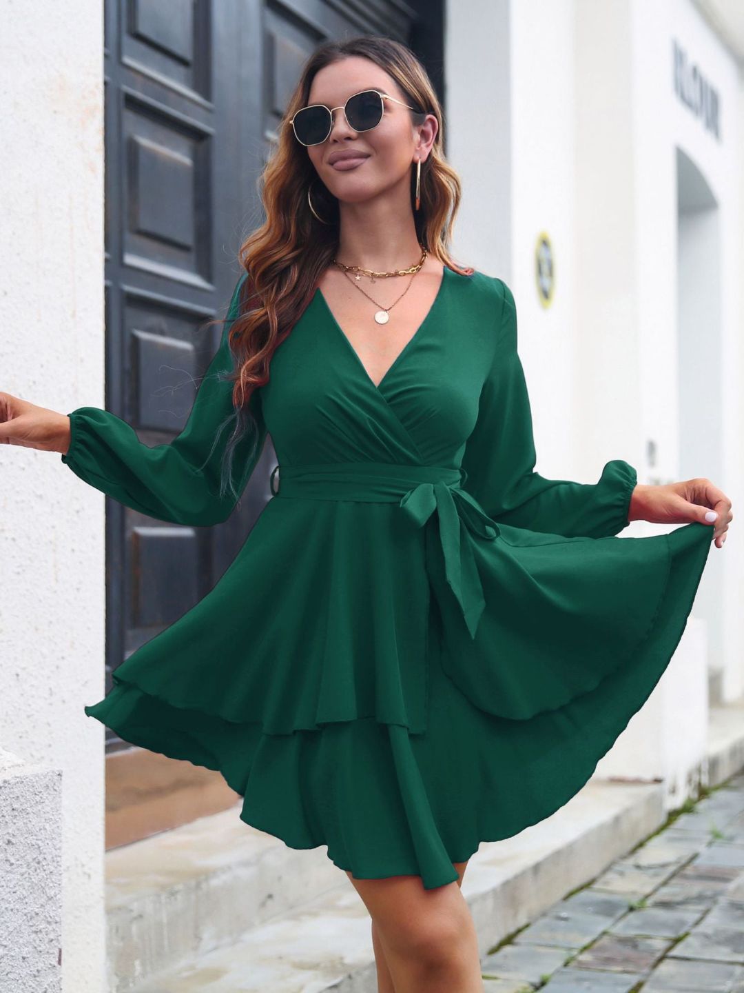 Multi-Layer Hem V-Neck Dress Womens Long Sleeves Dress