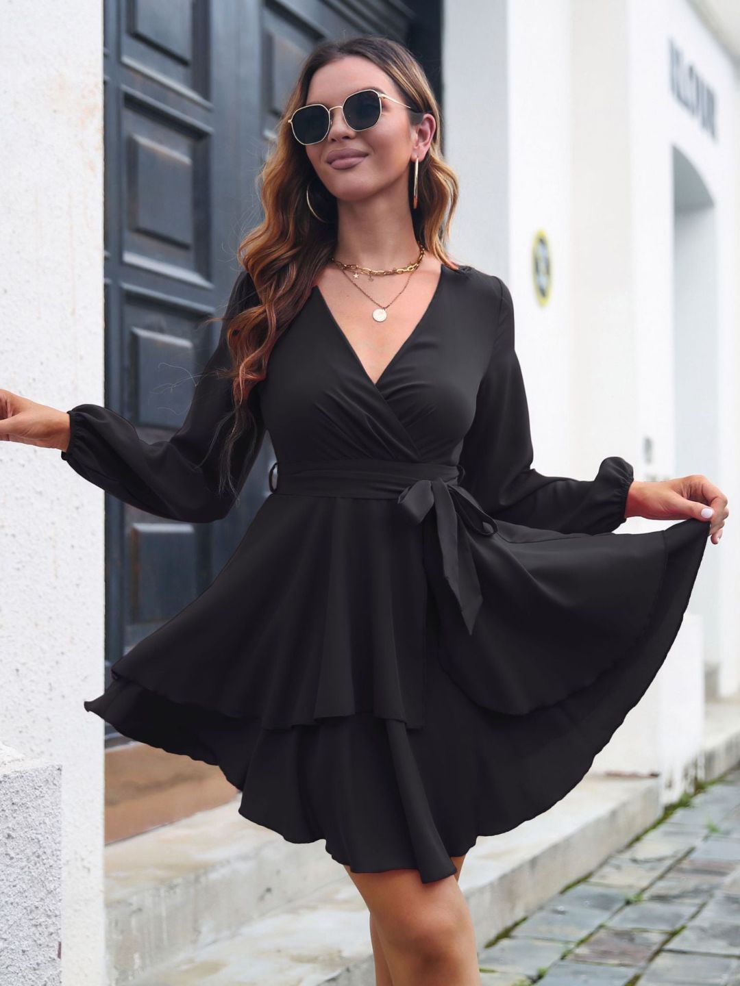 Multi-Layer Hem V-Neck Dress Womens Long Sleeves Dress