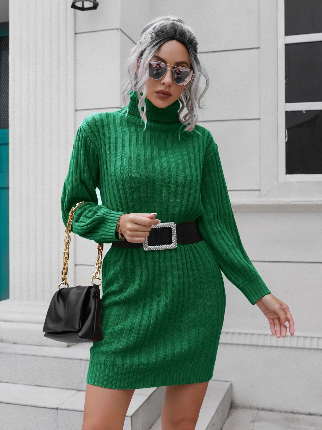 Knitted Turtle Neck Sweater Dress